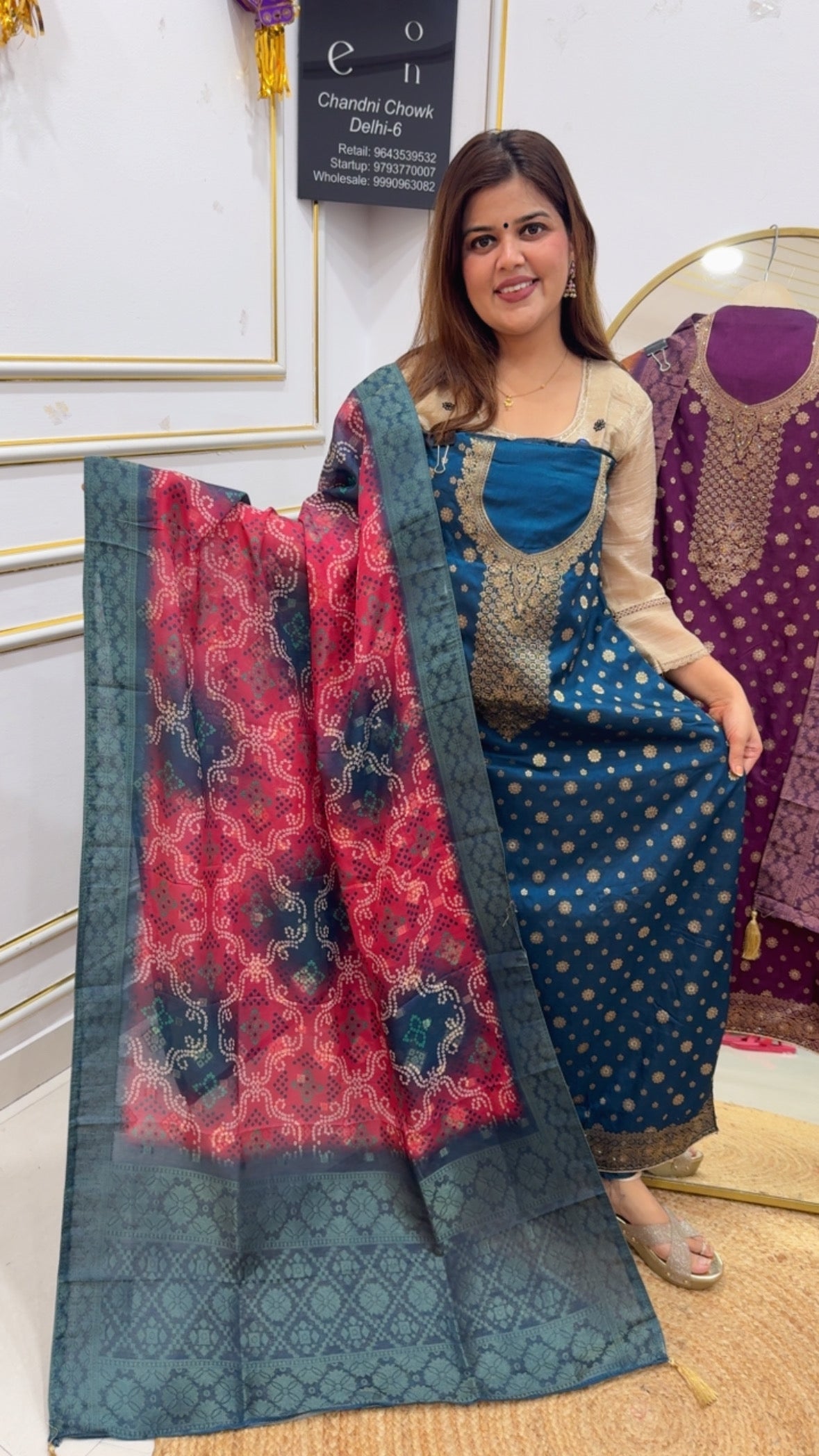 Grace fashion Everyday partywear Special super soft weaved silk suit material premium detailing with swaroski work all over shirt neck along with full length embroidery dupatta Bandani printed dupatta GF769